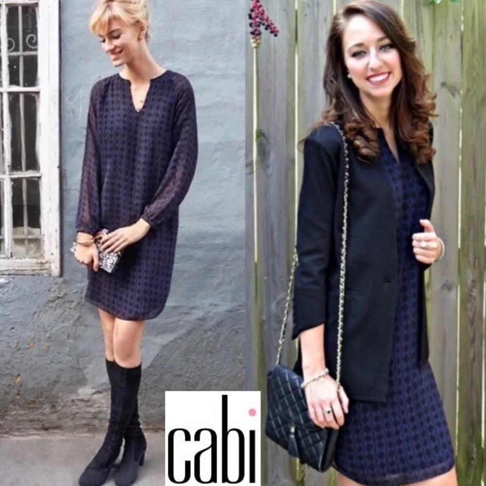 CAbi 3102 Harlequin Shift Purple Diamond Dress V-Neck Long Sheer Sleeves Medium